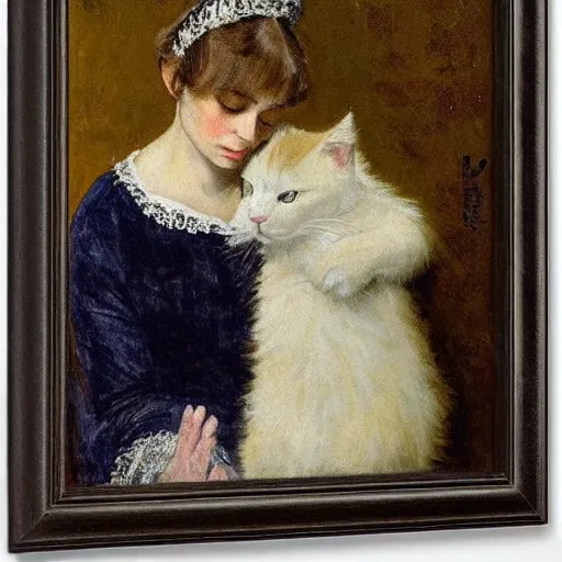 Image similar to young woman petting her cat by alfred stevens