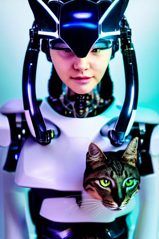 Image similar to cybernetic high tech catgirl with a cybercat on her head, sci - fi, cyberpunk, futurism, exoskeleton, strong artificial intelligence, symmetry, cinematic, elegant, luxury, professional studio light, perfect composition, dlsr photography, sharp focus, 8 k, ultra hd, sense of awe, highly detailed, hyper realistic, intricate, science journal cover