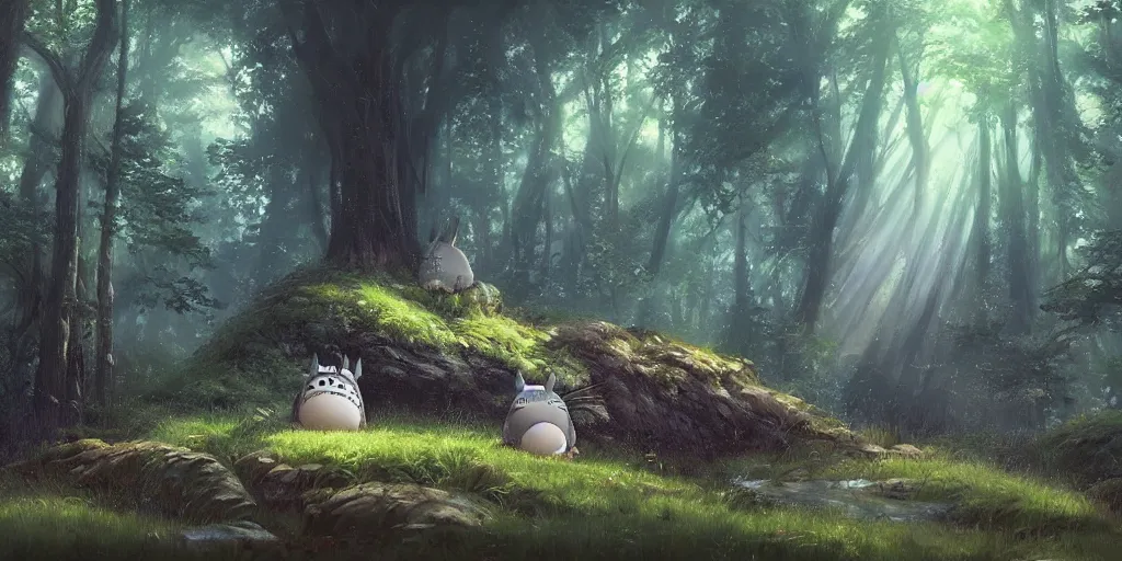 Image similar to Totoro sitting in a forest, fantasy, pixar, high detail, god rays, painting by greg rutkowski, deviantart, trending on artstation, artstationHD, artstationHQ