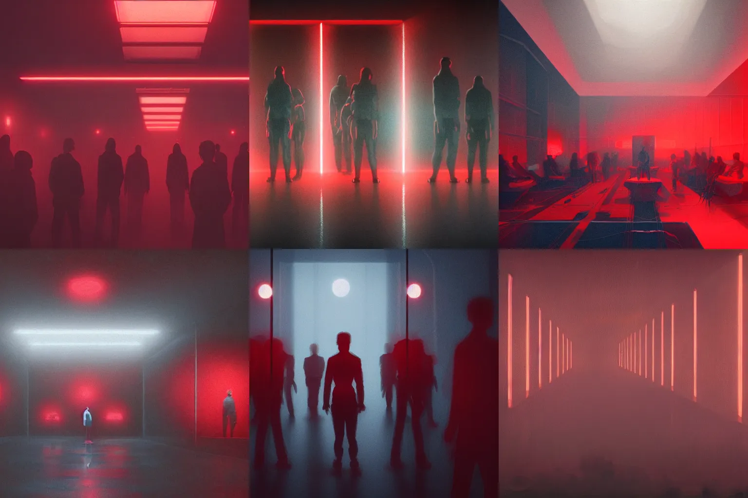 Prompt: a group of people in a dark room with red lights, an ultrafine detailed painting by victor mosquera, cg society, les automatistes, dystopian art, reimagined by industrial light and magic, redshift