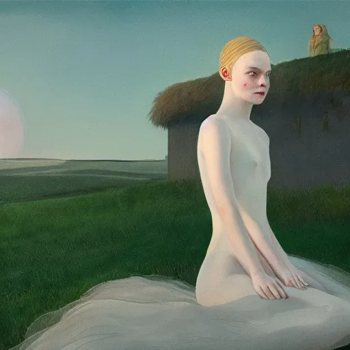 Image similar to Elle Fanning in the painted world of Purity Ring, head and shoulders masterpiece, apocalypse, golden hour, cosmic horror, artstation, in the style of Andrew Wyeth and Edward Hopper and Bosch, extremely detailed