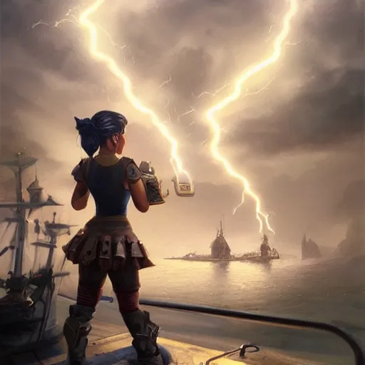 Image similar to beautiful muscular female gnome engineer, casting lightning magic, short black pixie undercut hair, standing on ship deck, naval background, intricate, D&D, highly detailed, full body portrait, wide angle, digital painting, artstation, smooth, sharp focus, great composition, illustration, art by Greg Rutkowski, trending on artstation