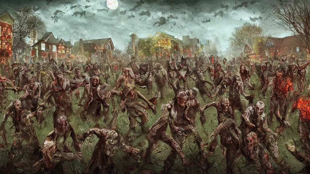 Prompt: hords of zombies flood the village, digital art by Jamey Jones,