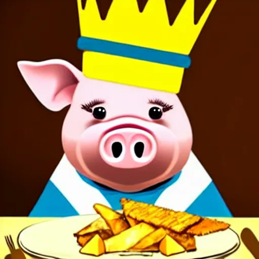 Prompt: realistic photo of a cute puppet pig wearing a gold crown eating cheese wedges at a table with a bib on, high quality, cinematic concept art