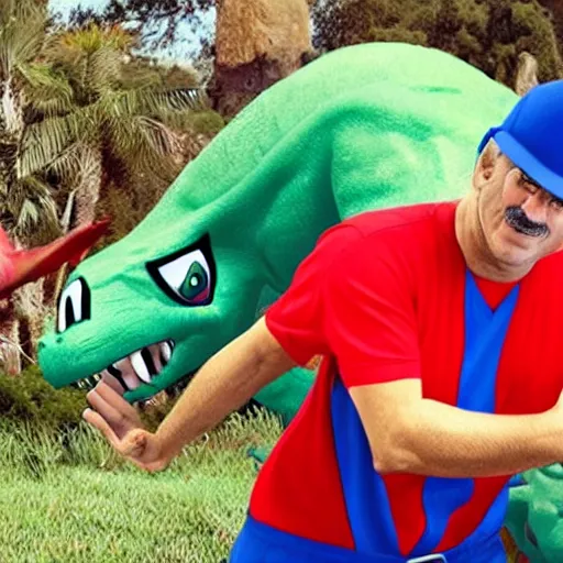 Image similar to italian plumber wearing a red hat and shirt, blue jumpsuit fighting a dinosaur, real life, realistic