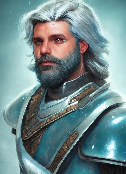 Image similar to an epic fantastic realism comic book style portrait painting of an aasimar paladin, male, shaggy silver hair, short brown beard, d & d concept art, unreal 5, daz, teal aesthetic, octane render, cosplay, rpg portrait, dynamic lighting