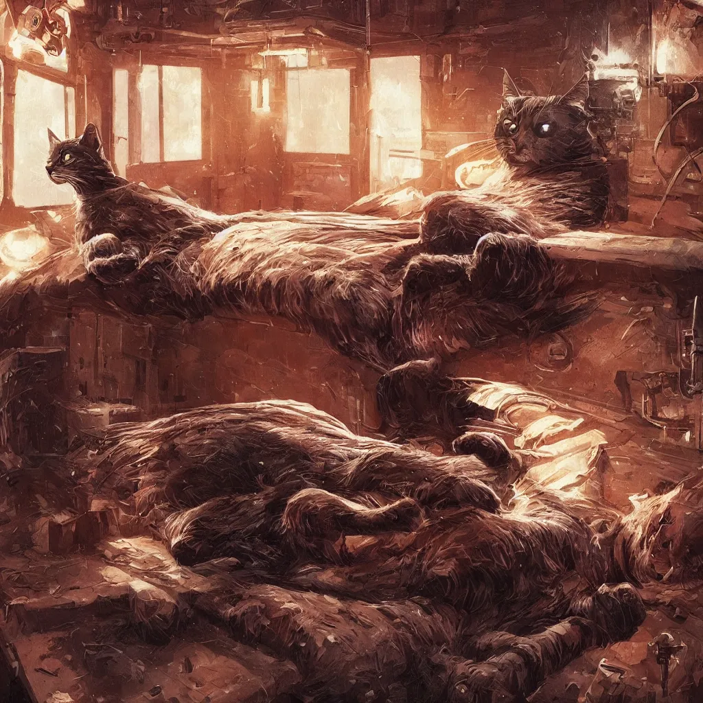 Prompt: cat character laying on bed, wood carved bed, darth vader as cat waiter, cute cat, cyber punk cat, big cat, super powers, concept art, by greg rutkowski, old copper pipes, complementing colors