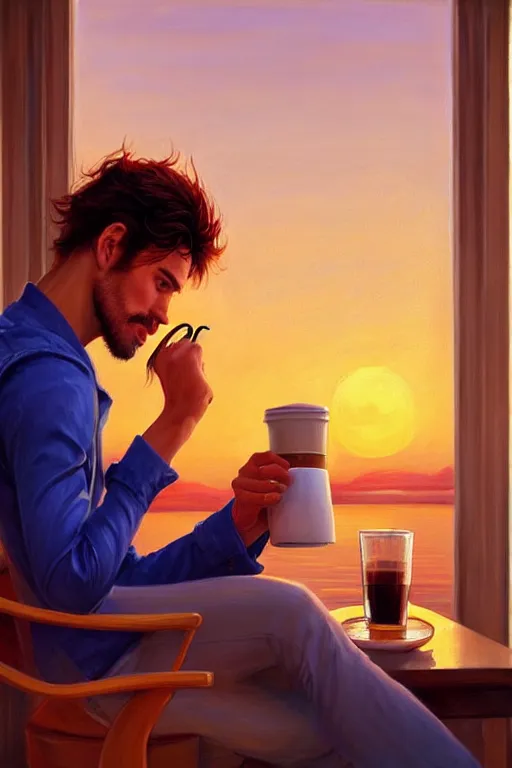 Prompt: attractive man drinking coffee, sunset, painting by jean giraud, vladimir volegov, ross tran, tom of finland, trending on artstation