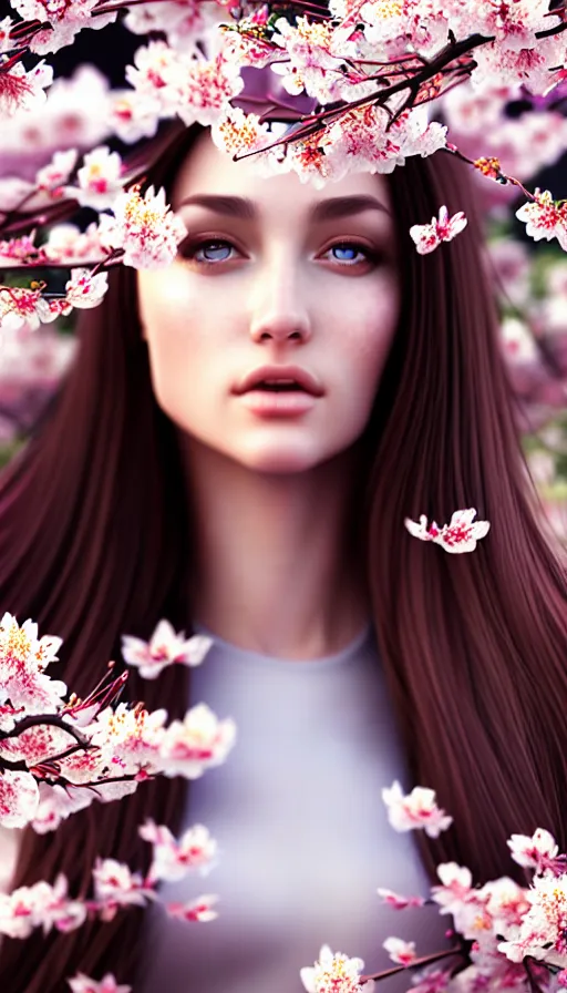 Prompt: photo of a gorgeous young european female in the style of stefan kostic, realistic, half body shot, sharp focus, 8 k high definition, insanely detailed, intricate, elegant, art by stanley lau and artgerm, extreme blur cherry blossoms background