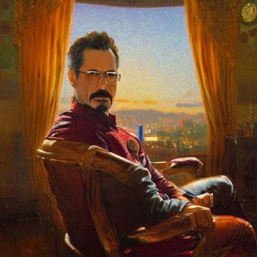 Prompt: detailed oil painting of old tony stark sitting in an armchair in a room with the setting sun, by thomas kinkade, rembrandt, golden hour