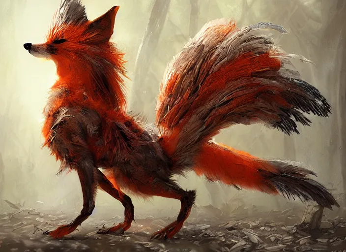 Image similar to ashigaru steampunk - inspired feathered fox, colorful plumage, lacquered armor, cute but determined, hard focus, art station, by jessica rossier and brian froud, cinematic fantasy painting, orange grey white, in a woodland glade