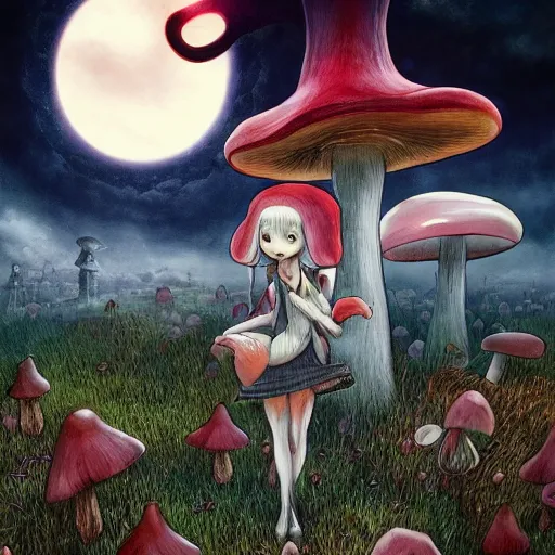Image similar to 4 k headshot portrait of a psychedelic demonic anthropomorphic bunny rabbit with mushroom themed clothes, magic mushroom village in background. award winning. superb resolution. in the art style of junji ito and greg rutkowski. detailed mushroom city in background. hyper realistic anime. perfect art. dalle 2