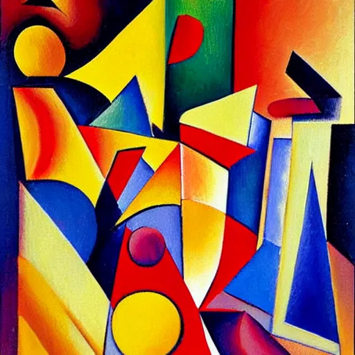 Prompt: a painting of a group of abstract shapes, an abstract painting by André Lhote, cg society, lyrical abstraction, cubism, oil on canvas, fauvism