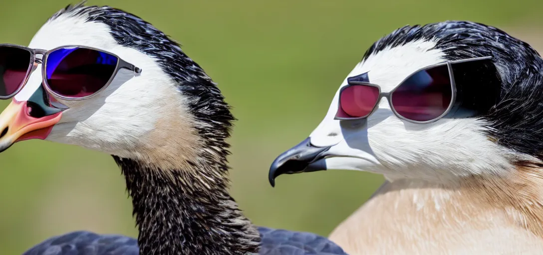 Prompt: close up wide fov shot of a suspicious goose wearing shades. 8 k photography, depth of field, canon dslr