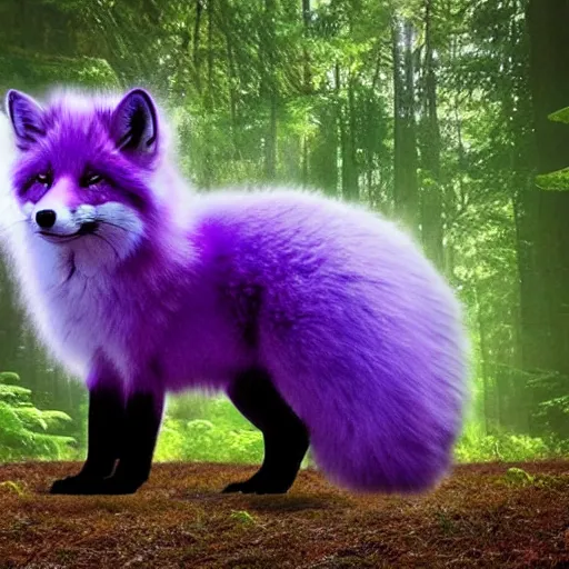 Image similar to a purple fox with a long fluffy and shiny coat sits in the forest on a ufo flying saucer. super realistic photo. clear details