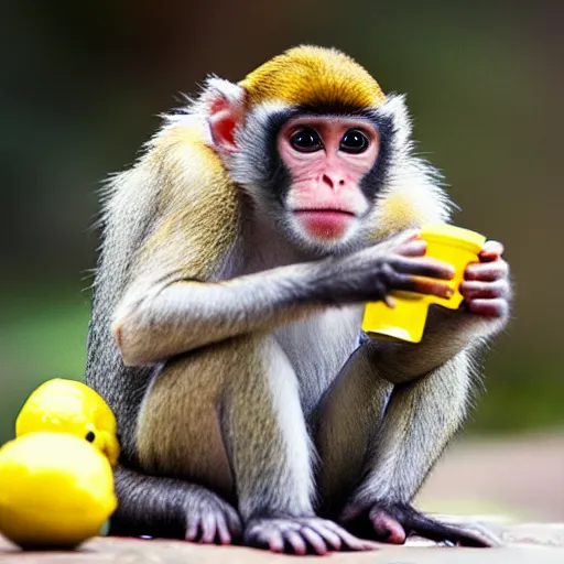 Prompt: baby monkey drinking lemonade, 4k, 8k, realistic, cute,