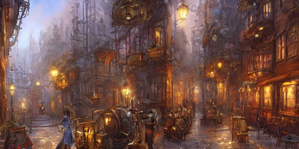 Prompt: Steampunk city alley By Konstantin Razumov, highly detailded