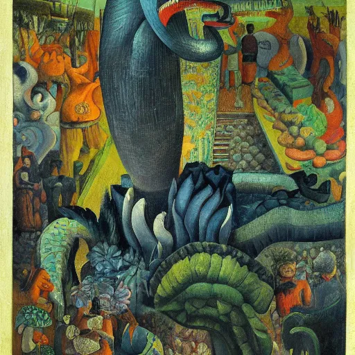 Image similar to high quality, high detail painting, dutch masterpiece, fluxus, blu, film noir, diego rivera, high garden scene with quetzalcoatl at night, hd, muted lighting