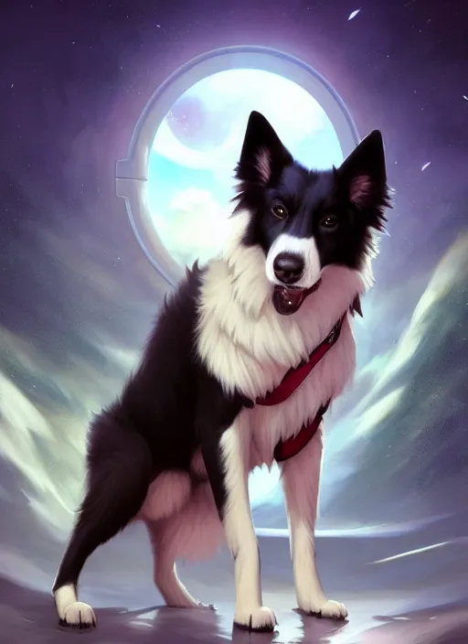 Image similar to wide angle beautiful full body portrait of a cute male anthropomorphic border collie fursona wearing a starfleet uniform on a starsheep and posing in front of a window, character design by charlie bowater, henry asencio, and ross tran, furry art, furaffinity, scenic background, beautiful, glamor pose, detailed, trending on artstation