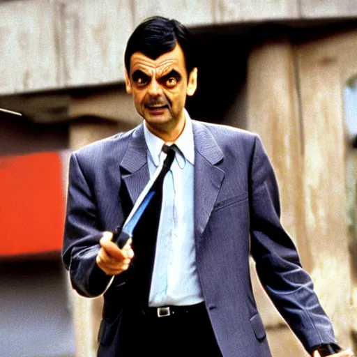 Image similar to a film still of mr bean in resevoir dogs ( 1 9 9 2 )