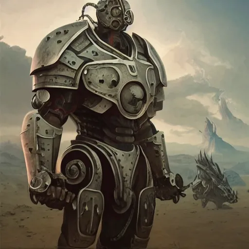 Image similar to majestic, hulking albino clone with engineering diagram tattoos on forehead and rough features, angular steel aztec power armor, on battlefield with strange coiled, spiral clouds, concept art by deak ferrand, greg rutkowski and carvaggio