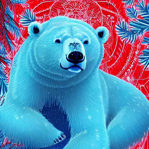Prompt: blue paper + an intricate polar bear depiction + elaborate red illustration, very detailed, deviantart, 8 k vertical wallpaper, tropical, colorful, airy, anime illustration, anime nature