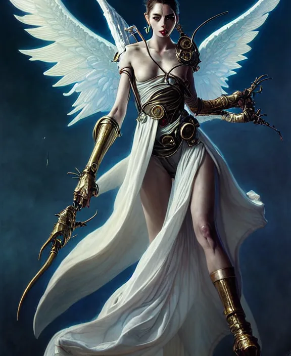 Image similar to beautiful fantasy character portrait, ana de armas, ultra realistic, wide angle, intricate details, the fifth element artifacts, highly detailed by peter mohrbacher, hajime sorayama, wayne barlowe, boris vallejo, paolo eleuteri serpieri, dishonored 2, white gown, angel wings