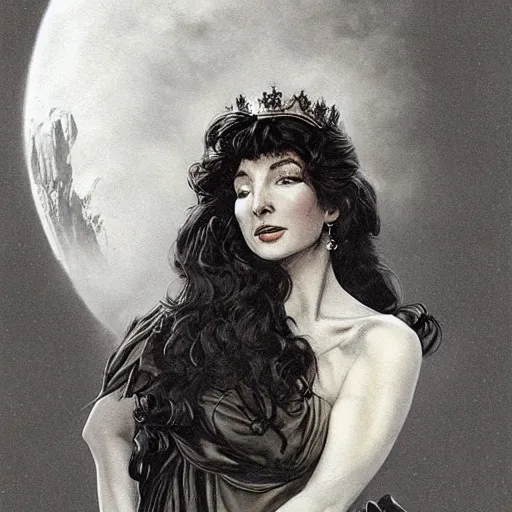 Prompt: kate bush as a princess of saturn, intricate, elegant, highly detailed, digital painting, artstation, concept art, smooth, realism, cinematic, sharp focus, illustration, art by frank frazetta, william mortensen, arny freytag