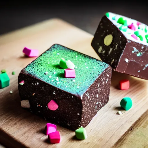 Image similar to photograph of a marshmallow cube with sprinkles on a dark wooden chopping board, chocolate drizzle, green pastel colours, hessian cloth, styled food photography, photorealistic, 4 k