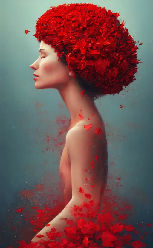 Image similar to a red oil painting hyperrealism of a beautiful woman on a white background, flowers, floral headdress, 8 k resolution, octane render, trending on artstation, by gediminas pranckevicius, volumetric light 2 blue fractal thunder glow by dan mumford, anaglyph effect, laurie lipton