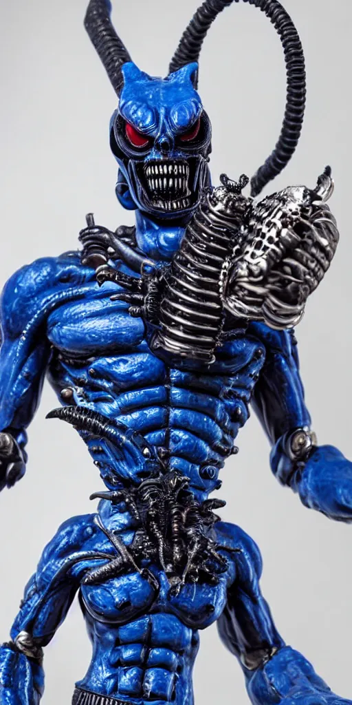 Image similar to blue demon with xenomorph intricated jewelry figure plastic in a runway fashion show, realistic photography paparazzi