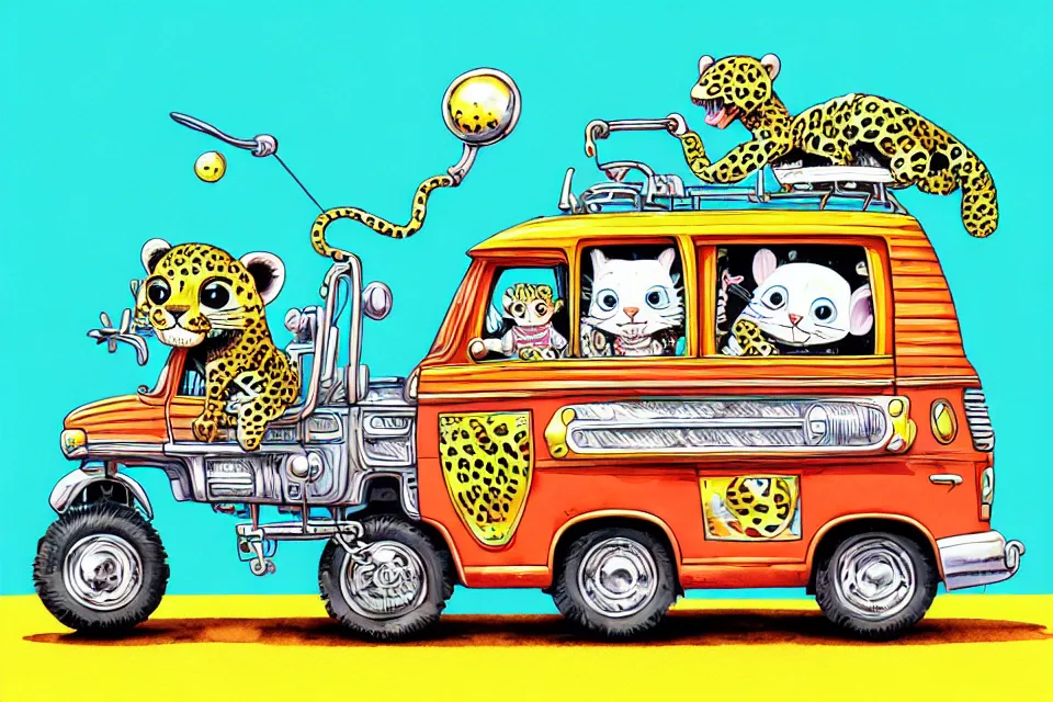 Image similar to cute and funny, baby leopard wearing a helmet riding in a mystery machine van, ratfink style by ed roth, centered award winning watercolor pen illustration, isometric illustration by chihiro iwasaki, edited by range murata, tiny details by artgerm and watercolor girl, symmetrically isometrically centered, sharply focused