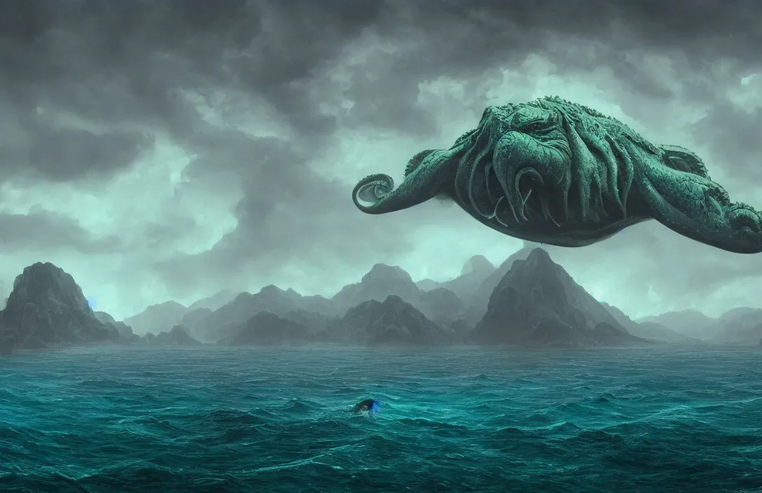 Image similar to huge gigantic cthulhu over a dark blue turquoise ocean, ultrawide shot, hyperreal phantastic misty landscape, in the style of dylan cole, mountains in background, intricate details in environment, luminance, golden ratio, high aestehtic, cinematic light, godrays, distance, clear atmosphere, photobash, wideangle, albert bierstadt, hyperreal 4 k