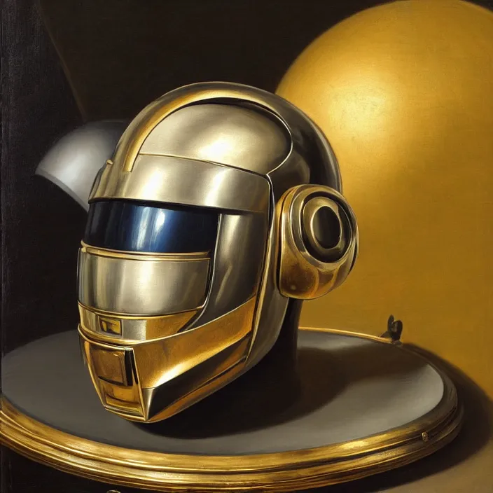 Image similar to still life painting of a daft punk helmets and greenery by pieter claesz, oil on canvas, strong lighting, highly detailed, hyper realism, golden hour, god rays, hd, 4 k