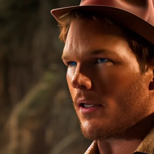 Image similar to stunning awe inspiring chris pratt as indiana jones, movie still 8 k hdr atmospheric lighting