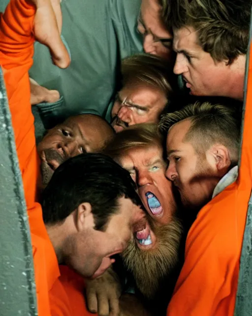 Prompt: Medium shot photo of eagles biting Donald Trumps head in jail, wearing orange pajamas, octane, dramatic lighting, editorial photo, 35mm, very detailed