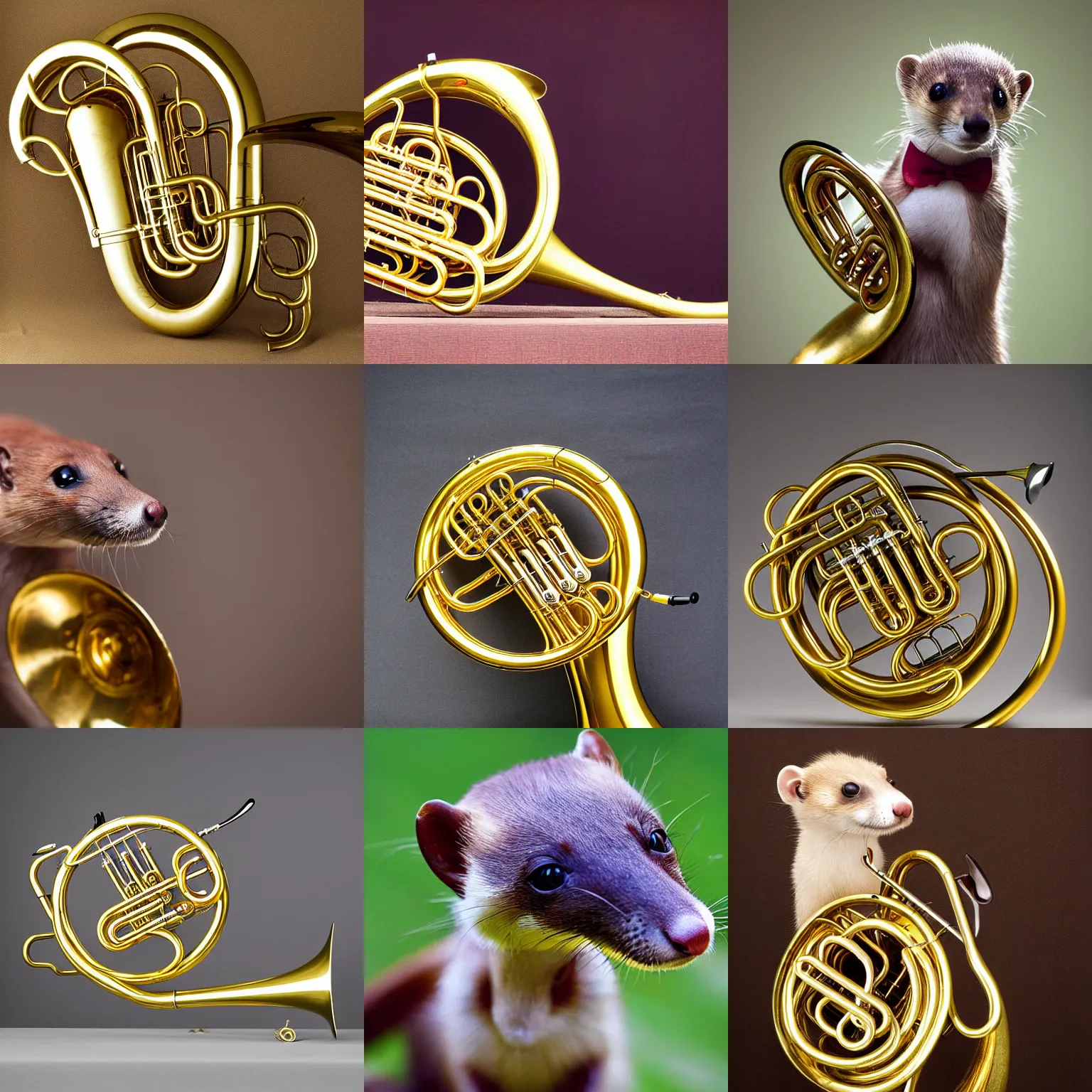 Prompt: a weasel that is also a french horn, weasel made of brass, instrument, photograph