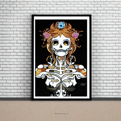 Image similar to anime manga skull portrait marvel young woman angel fairytale profile skeleton illustration style by Alphonse Mucha pop art nouveau