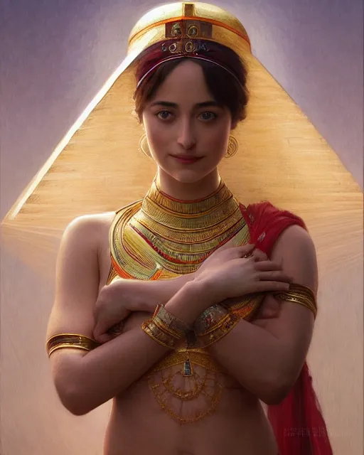 Image similar to Dakota Johnson as a beautiful egyptian princess, gorgeous, portrait, Symmetrical, powerful, intricate, beautiful, masterpiece, elegant, volumetric lighting, highly detailed, digital painting, hyper-realistic, artstation, sharp focus, no blur, illustration, William-Adolphe Bouguereau , ruan jia