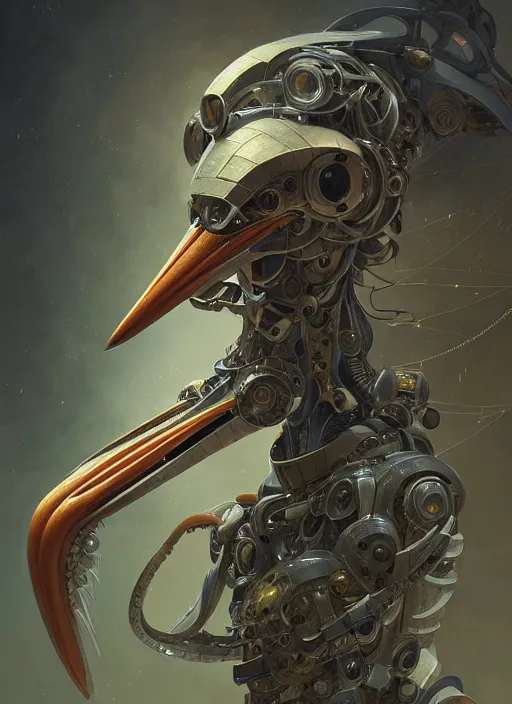 Image similar to portrait of anthropomorphic mecha - stork protoengineer biohacker, intricate, elegant, highly detailed animal monster, digital painting, artstation, concept art, smooth, sharp focus, illustration, art by artgerm and greg rutkowski and alphonse mucha, 8 k