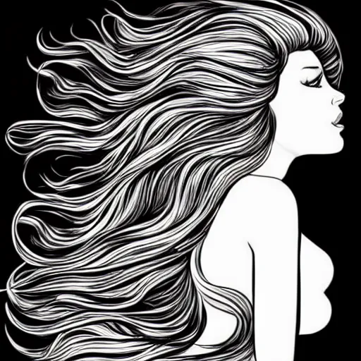 Image similar to black and white illustration, creative design, beautiful feminine mermaid with flowing hair