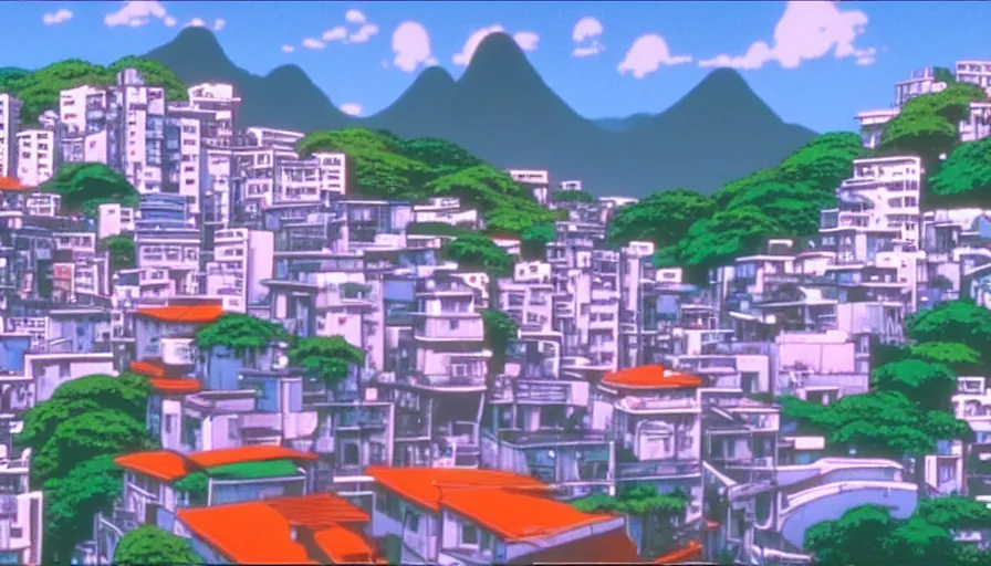 Image similar to 1 9 8 6 movie screencap of rio de janeiro, studio ghibli sky, beautiful favela background extremely utra high quality artwork 8 k