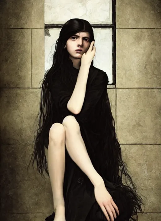 Image similar to a lonely young girl eveline from resident evil 7 with straight long black hair wearing black dress that sitting on bathroom floor, photo for vogue, model エリサヘス s from acquamodels, art by artgem, greg rutkowski and alphonse mucha