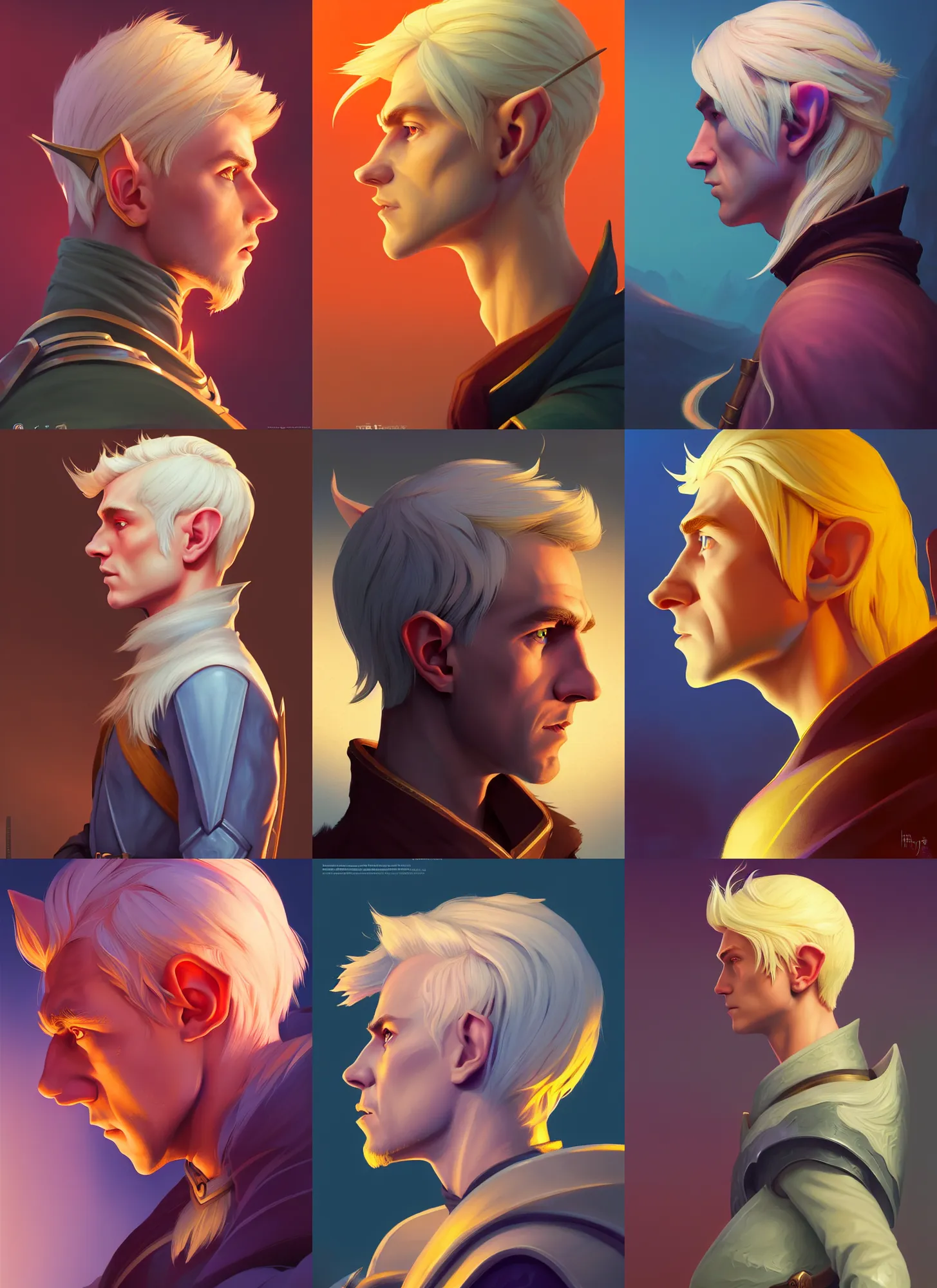 Prompt: side profile centered painted portrait, male blonde elf ranger, hate, d & d, gloomhaven, matte painting concept art, art nouveau, beautifully backlit, swirly vibrant color lines, fantastically gaudy, aesthetic octane render, 8 k hd resolution, by ilya kuvshinov and cushart krentz and gilleard james