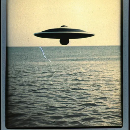 Image similar to cylindrical ufo hovering above water, real Polaroid photo
