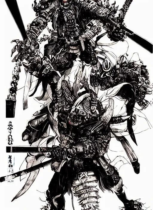 Prompt: a demonic samurai with a rocket launcher, by takehiko inoue and kim jung gi, masterpiece ink illustration