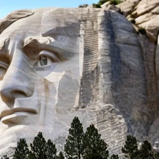 Image similar to a photo of mount rushmore after donald trump's face had been added. the photo clearly depicts the facial features of donald trump and his particular hair style carved into the stone at the mountain top, regal, pensive, powerful, just