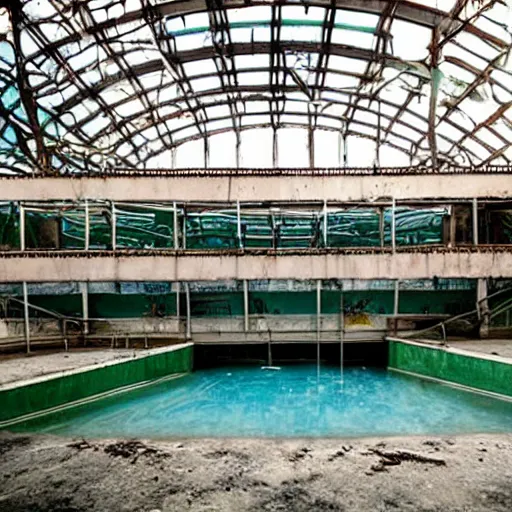 Prompt: a soviet waterpark. flooded, empty, dark abandoned.