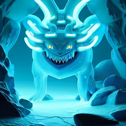 Image similar to ( ice pokemon ) creature creature in a alaska cave, bioluminescent bioluminescent translucent translucent : : by michal karcz, daniel merriam, victo ngai and guillermo del toro : : ornate, dynamic, particulate, intricate, elegant, highly detailed, centered, artstation, smooth, sharp focus, octane render, 3 d