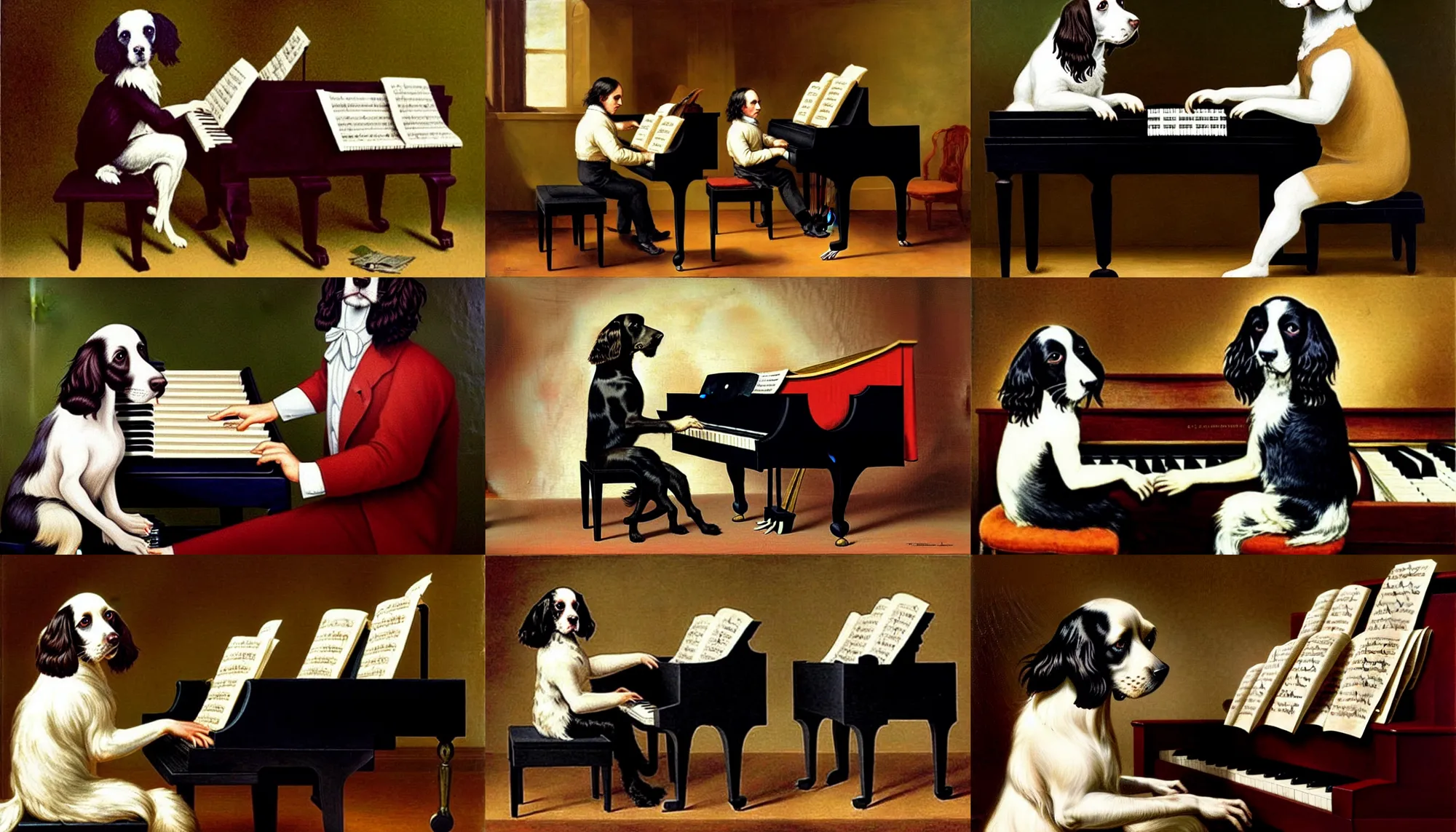 Prompt: a sprocker Spaniel playing piano. Artwork, classic, famous, style of Cassius Marcellus Coolidge.